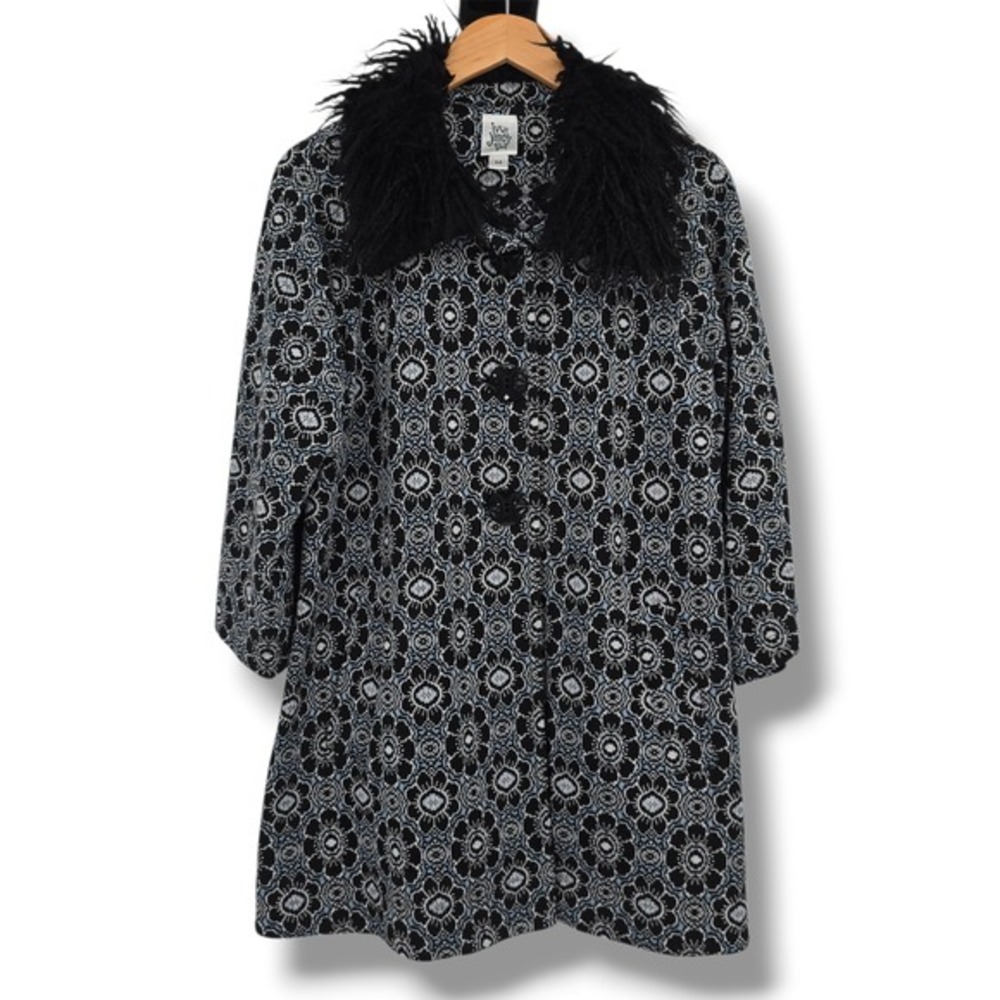 Ivy Jane Women Black Blue Floral Knit Faux Fur Collar Button Front Coat Size M